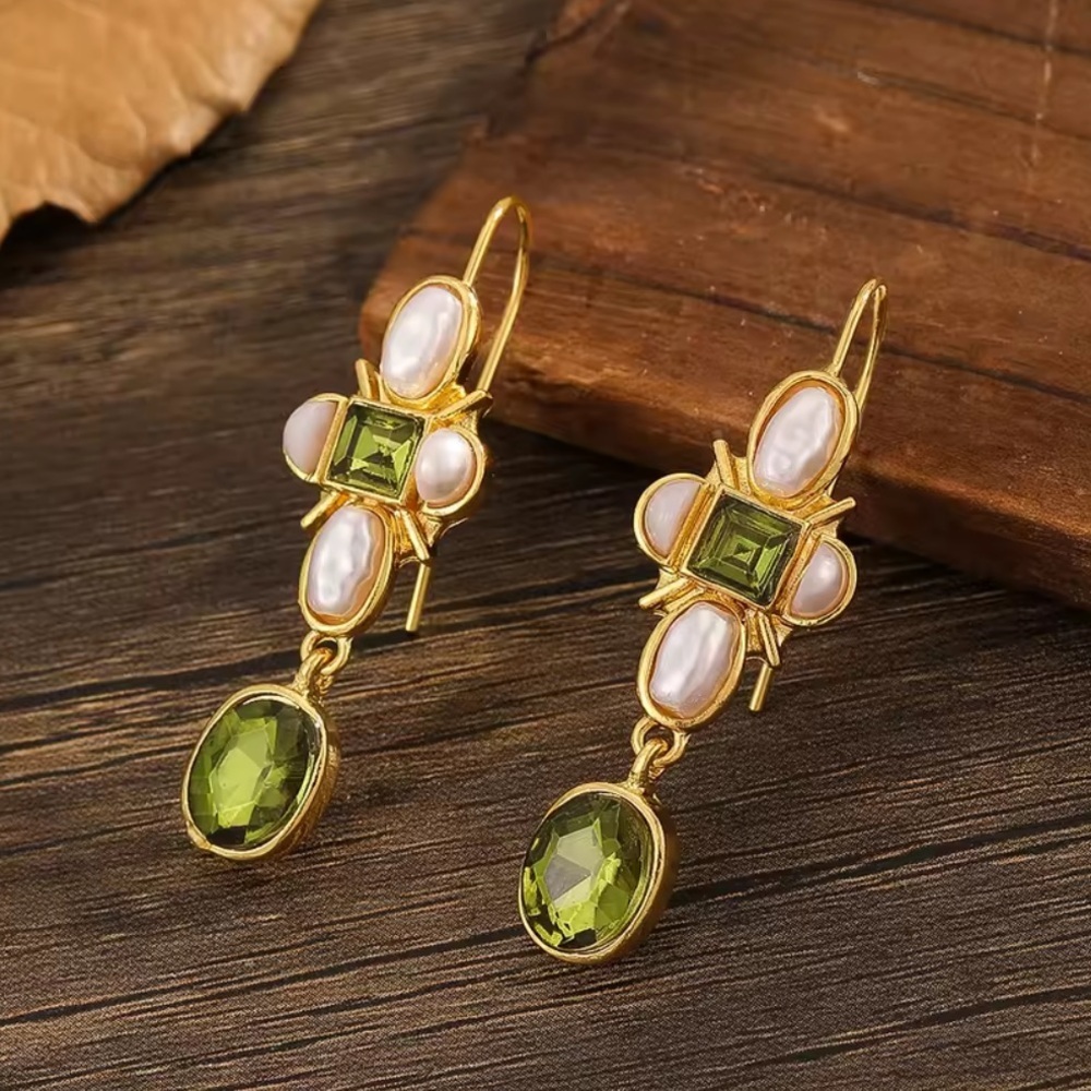 Anthropologie Gold Drop Earrings with Olive Green Stones and Pearlescent Accents